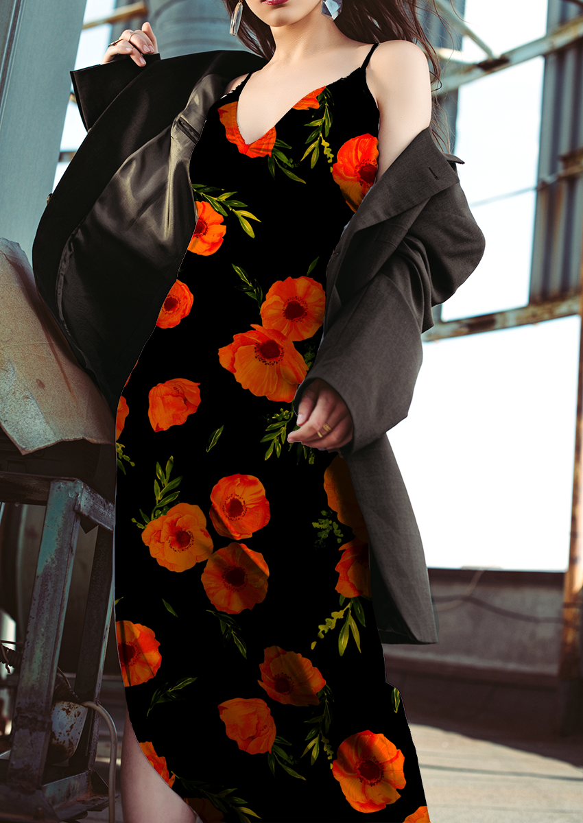 0320B- Orange Red and Black Poppies