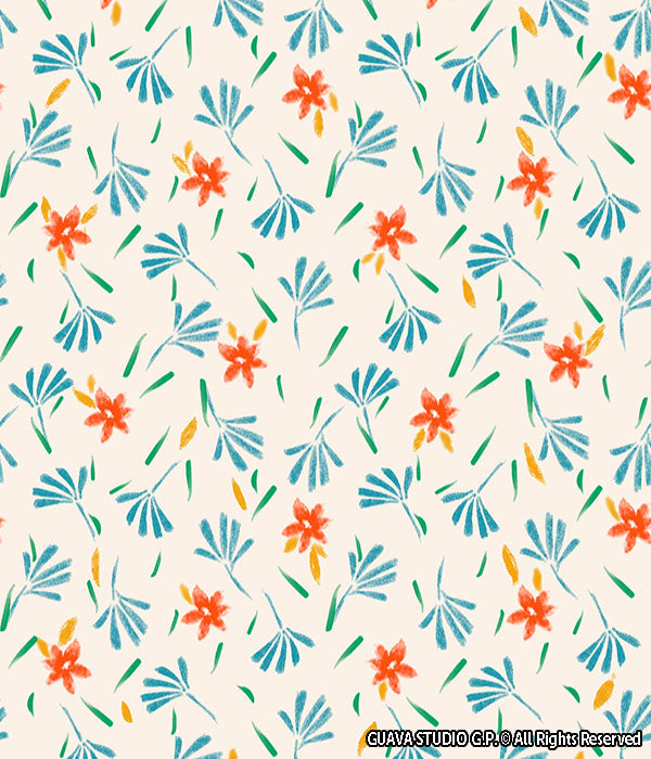 0823F- Ditsy Teal & Orange Flowers & Leaves
