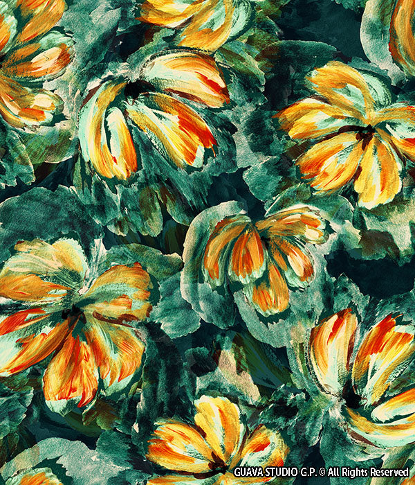 0826A- Textured Deep Teal and Yellow Floral