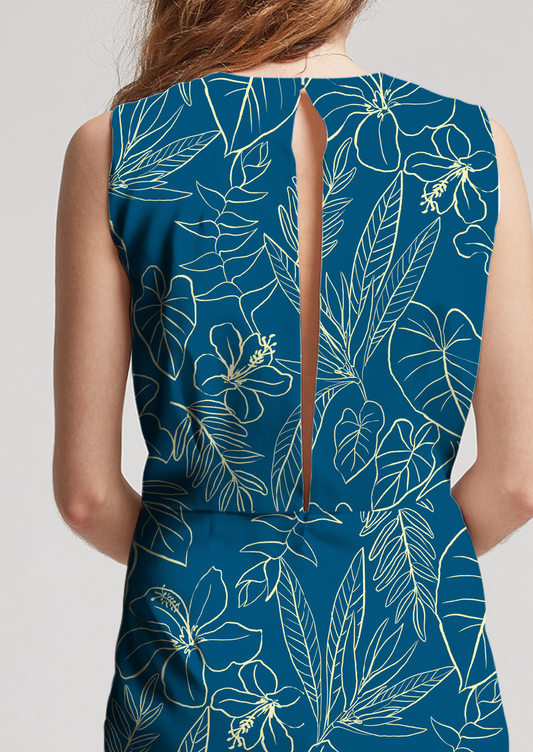 0847A- Teal and Off-white Foliage and Hibiscus