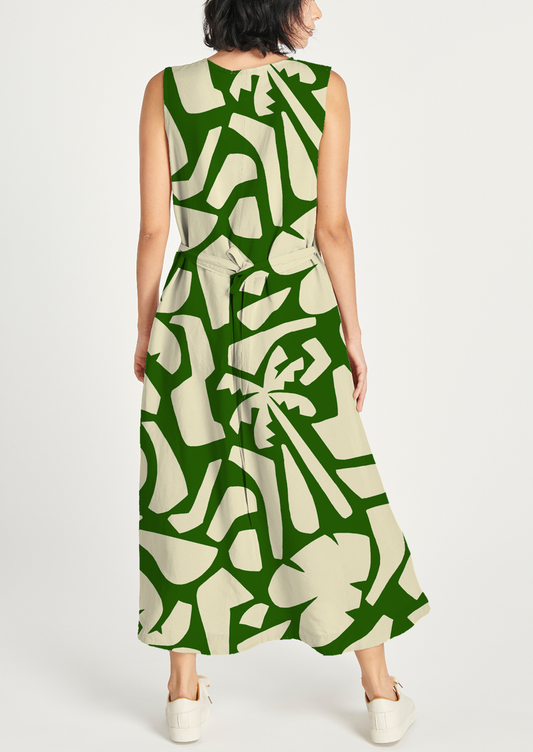 0854C- Green and Off White Geo Tropical