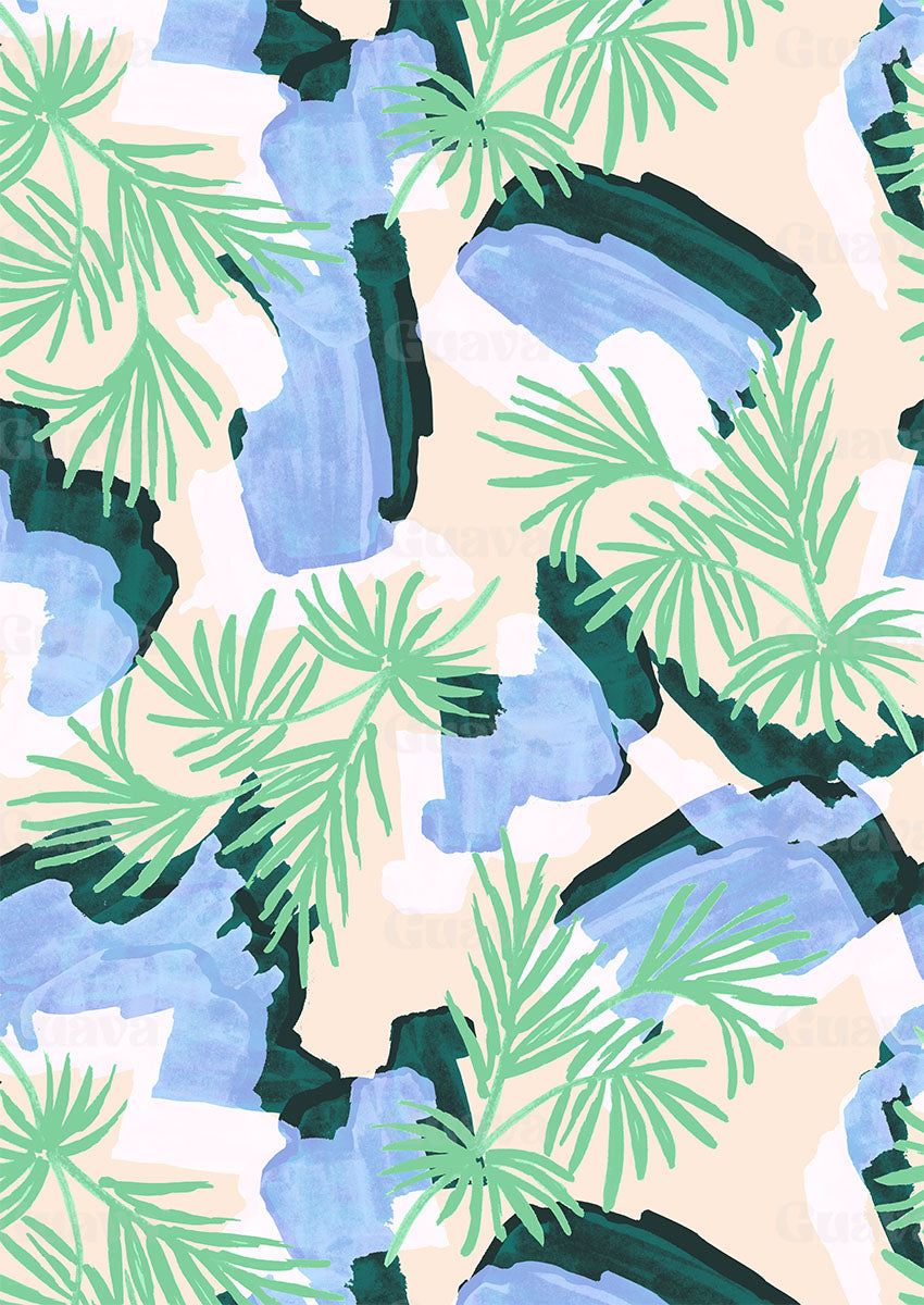 0863D- Off white, Green and Blue Palm leaves