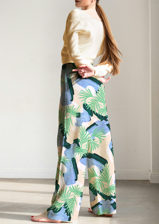 0863D- Off white, Green and Blue Palm leaves