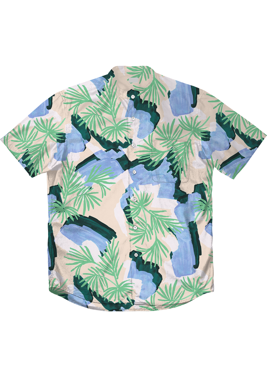0863D- Off white, Green and Blue Palm leaves