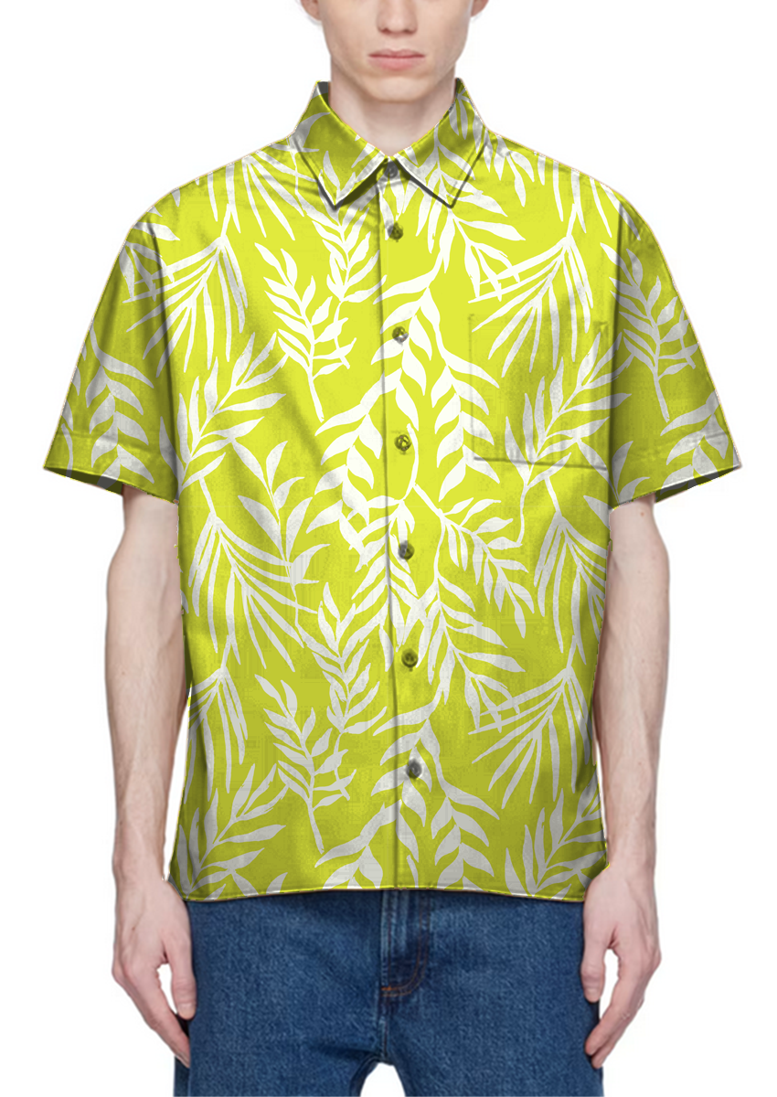 0864D- Lime Green and Off-white Tropical Foliage