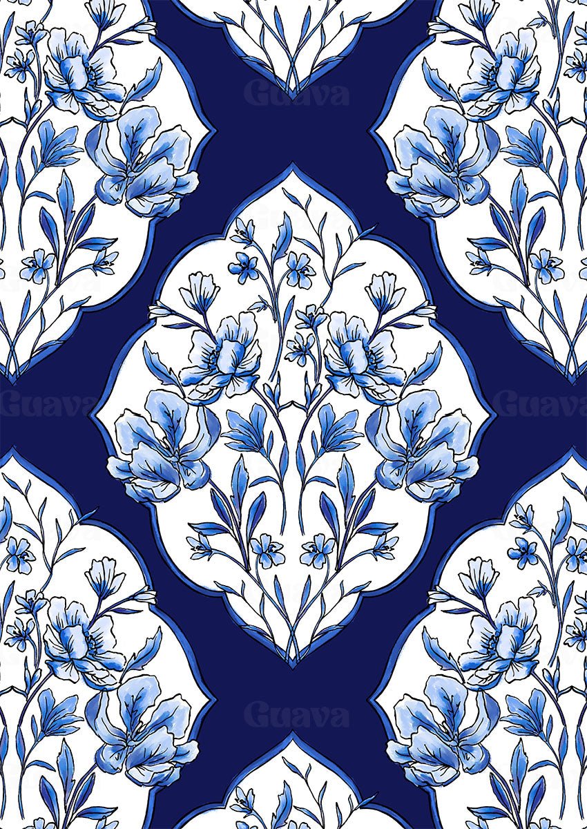 0867B- Navy and White Peony Medallion