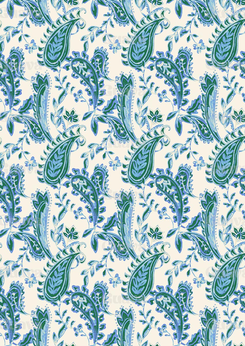 0872B- Blue, Green and Off-white Paisley
