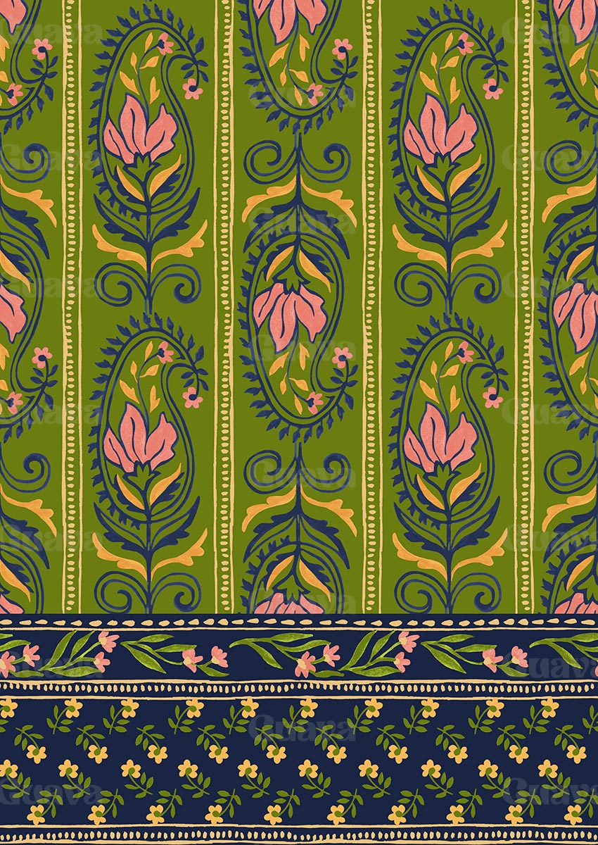 0872C- Green and Pink Floral Paisley with Border