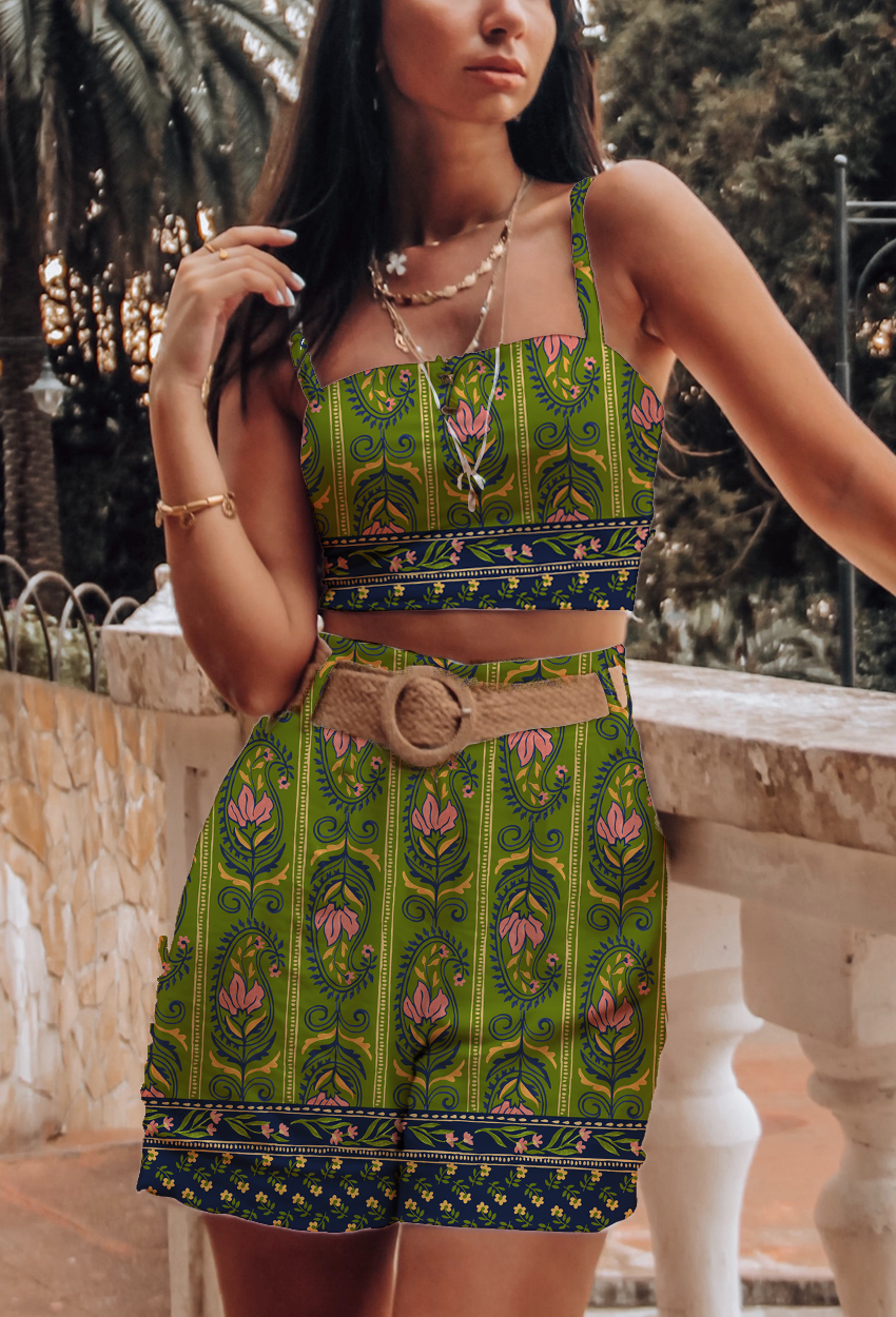 0872C- Green and Pink Floral Paisley with Border