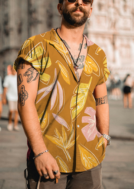 0876C- Gold, Yellow and Pink Tropical Leaves