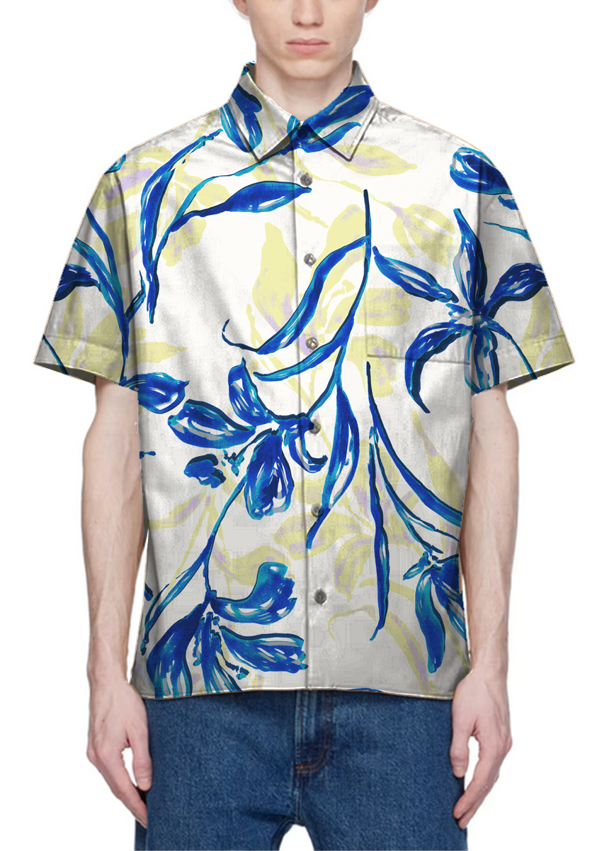 0877D- Large scale Blue, White and butter yellow Floral
