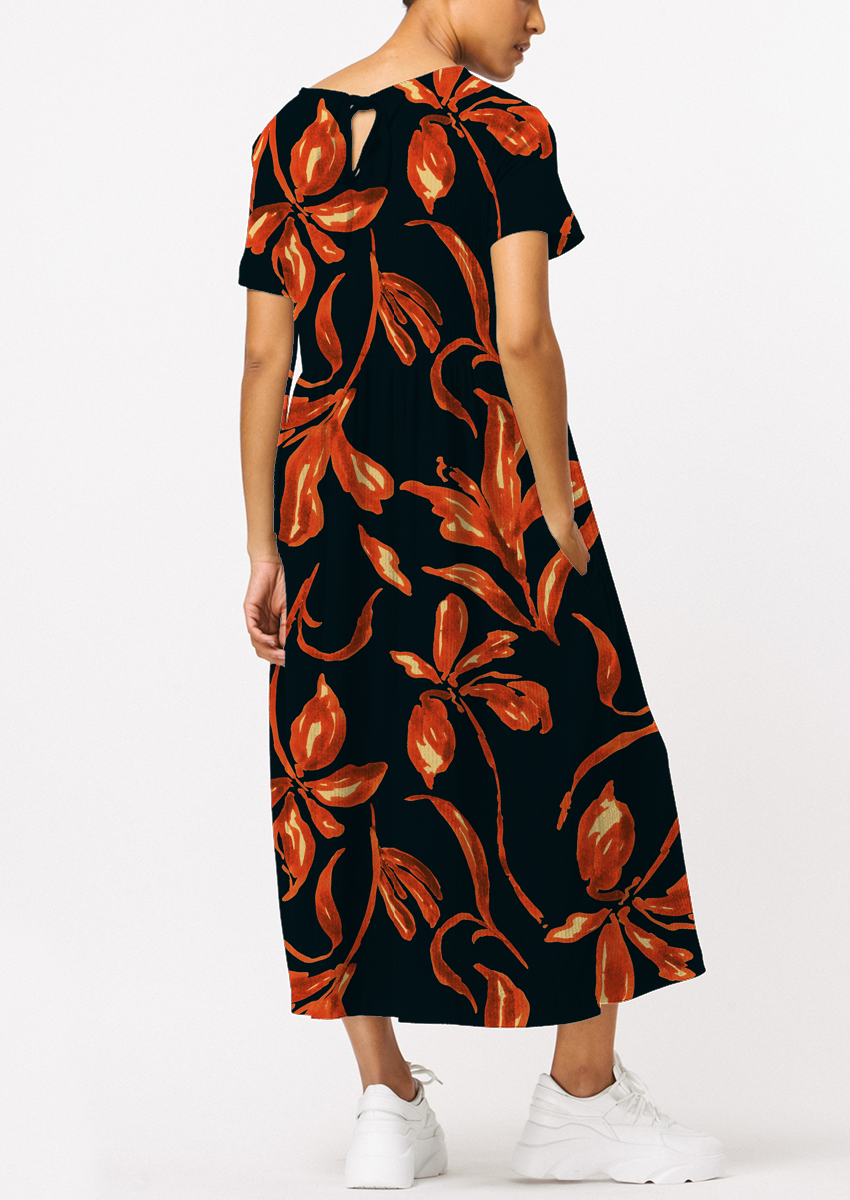 0877E- Deep Teal and Orange Hand Drawn Floral