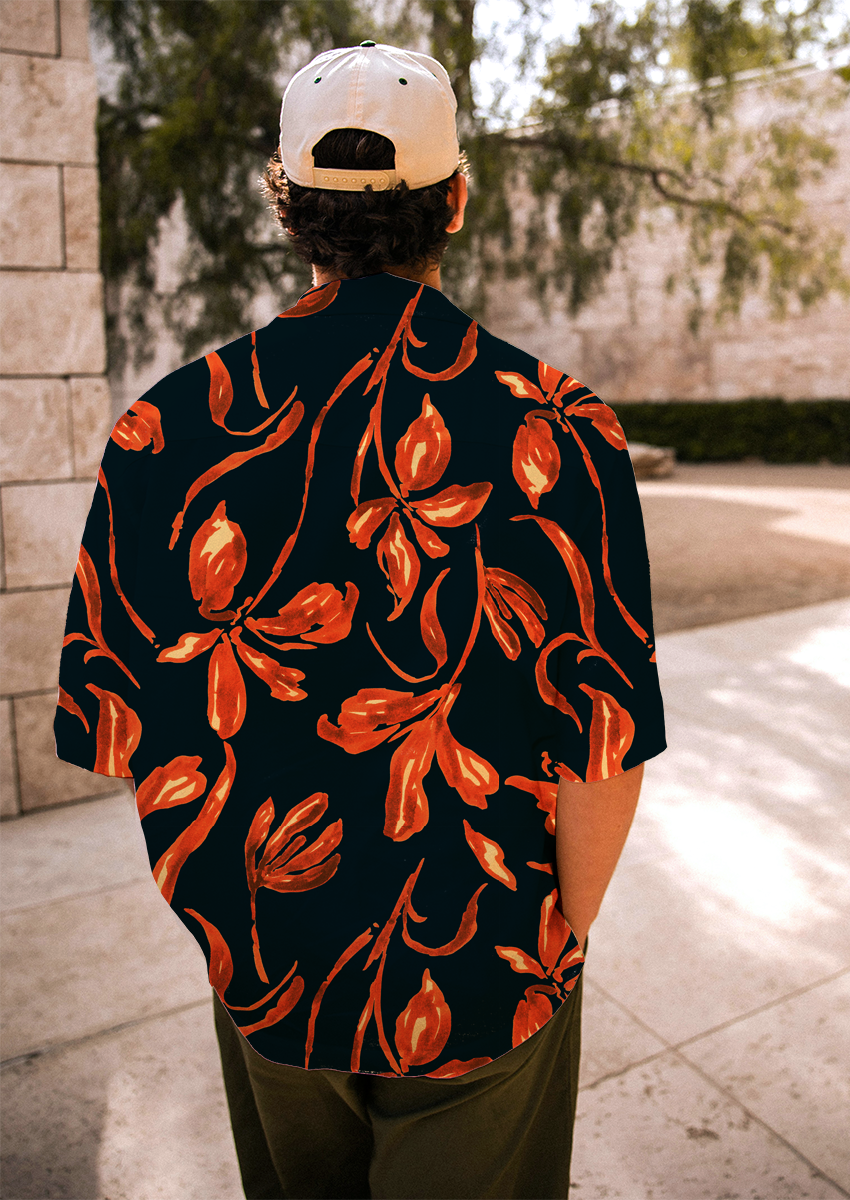 0877E- Deep Teal and Orange Hand Drawn Floral