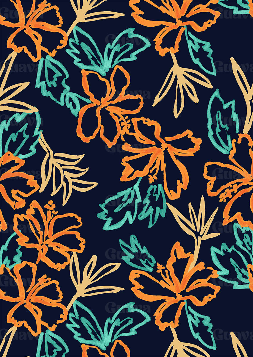 0878E- Navy and Orange Hand Painted Tropical