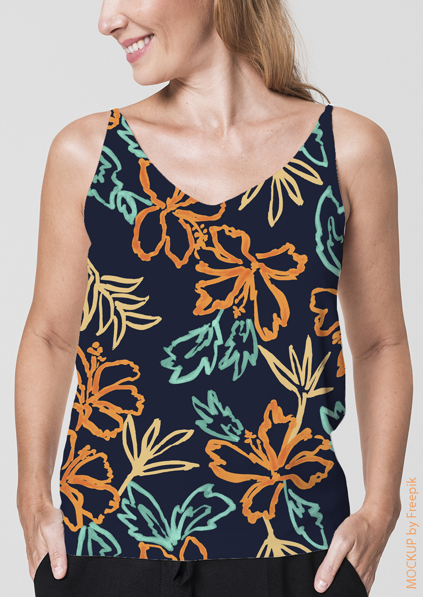 0878E- Navy and Orange Hand Painted Tropical