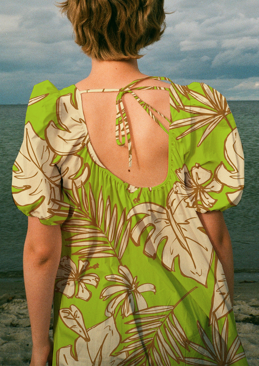 0885D- Lime Green Sketched tropical Leaves