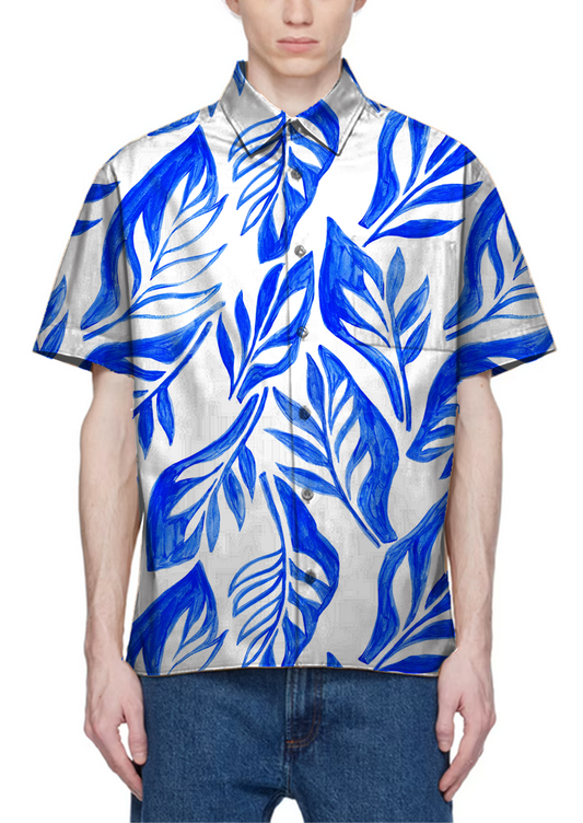 0886A- Cobalt Blue and White Abstract Leaves