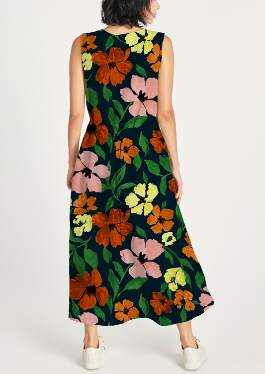 0887C- Multicolored popies on navy ground