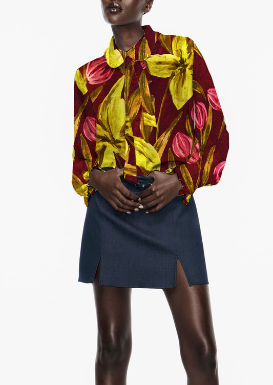 0887D- Hand Painted Burgundy and Yellow Floral