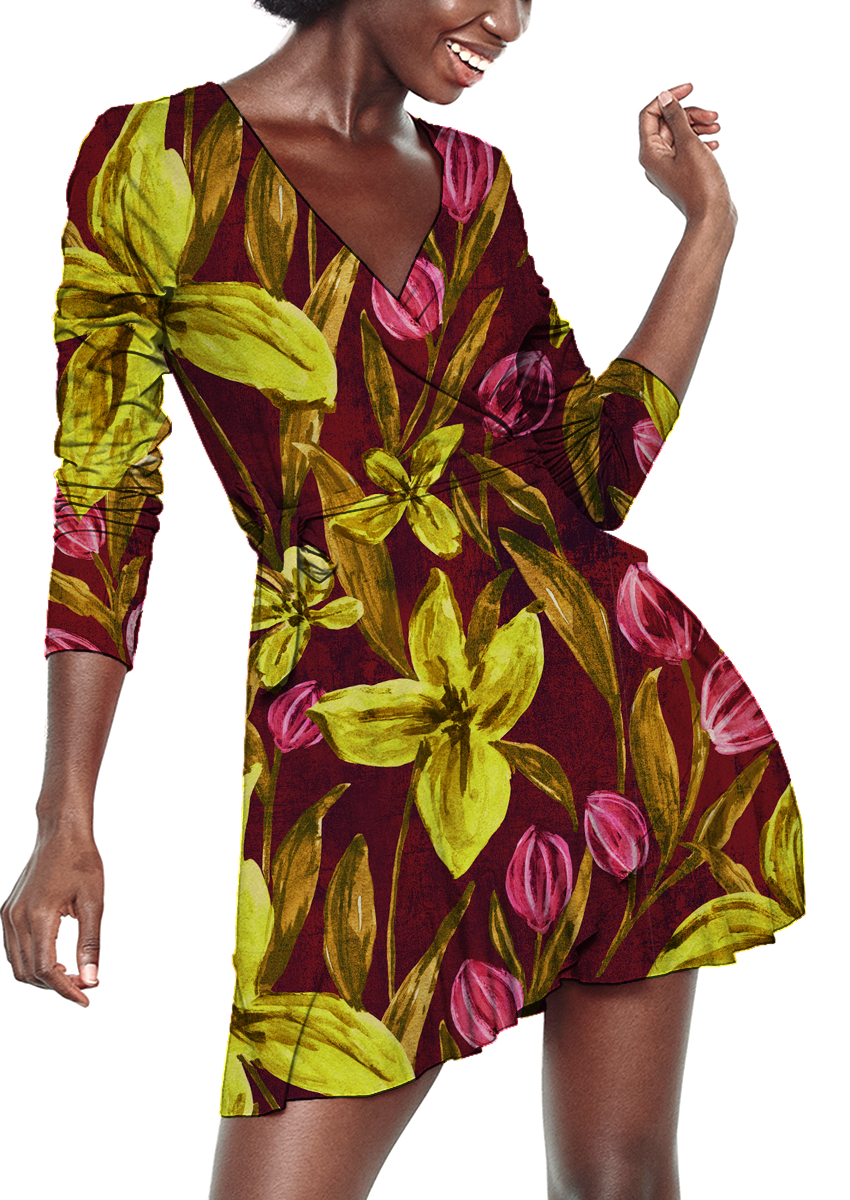 0887D- Hand Painted Burgundy and Yellow Floral