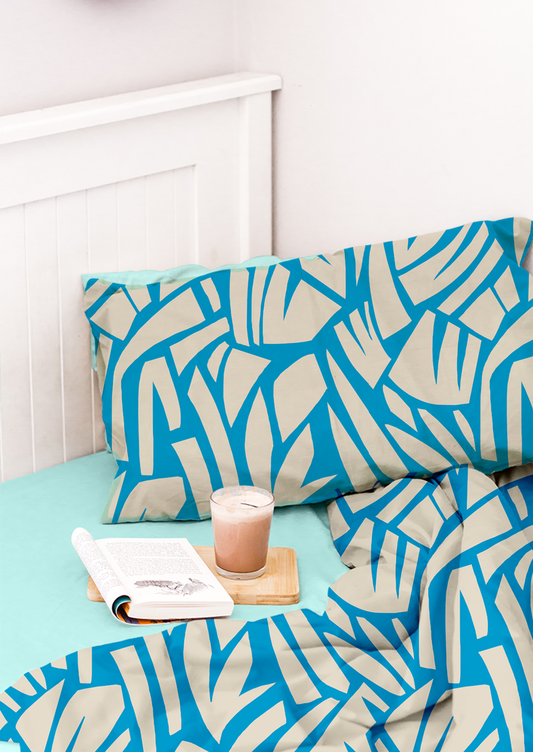 0910E- Blue and Off White Cutout Geo and Leaves