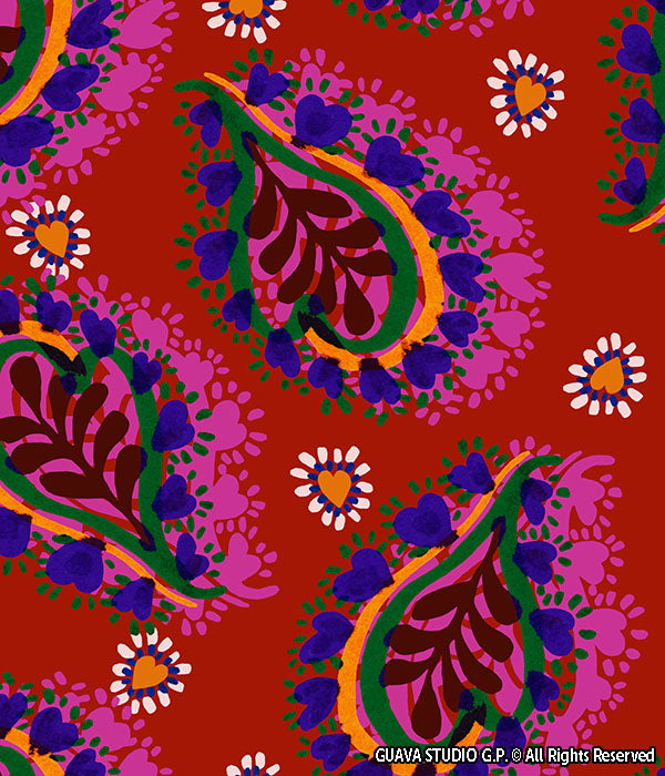 0705D- Red Hand Painted Paisley and Hearts