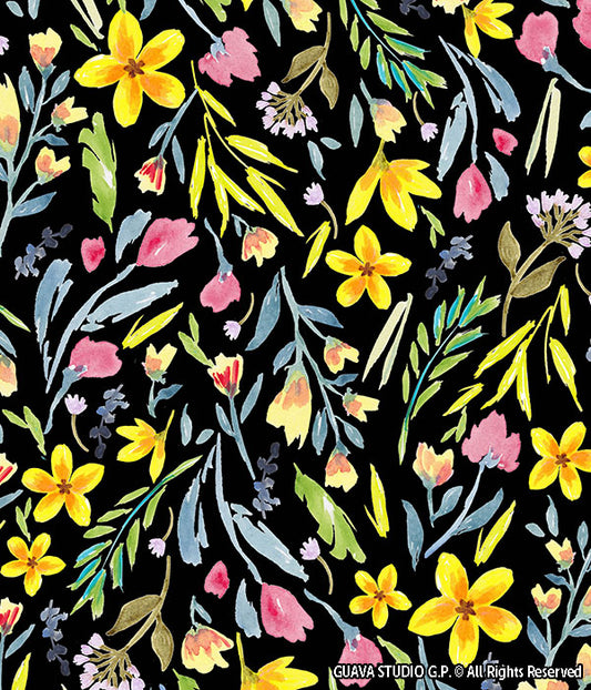 0721F- Black Ground Watercolor Ditsy Floral