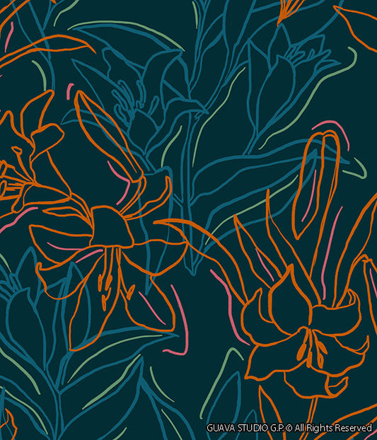 0736A- Navy and Orange Drawn Lillies