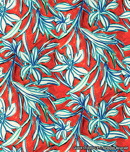 0790B- Red and Ink Blue Hand Drawn Floral