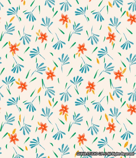 0823F- Ditsy Teal & Orange Flowers & Leaves