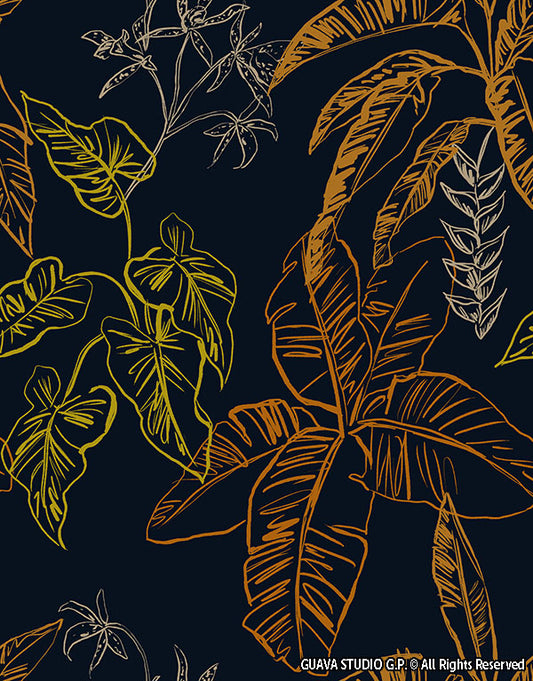 0834A- Brown Navy Outlined Tropical Foliage