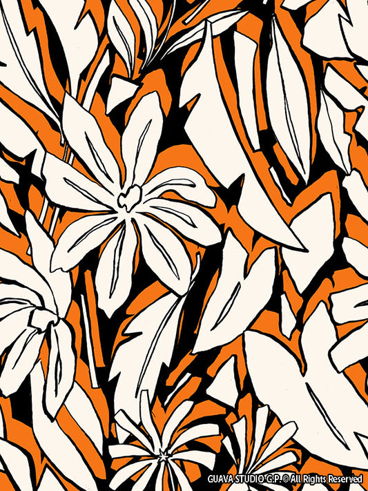 0839B- Orange Black and Off-white Tropical Leaves