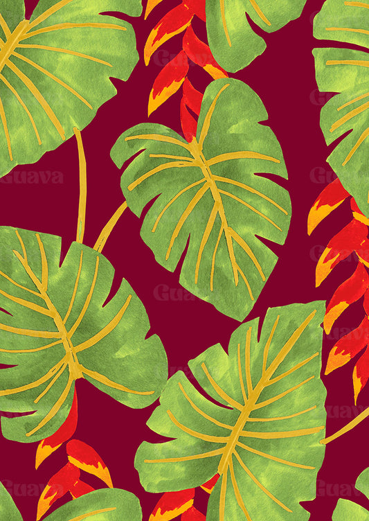 0848C- Deep Red Monstera and Heliconia