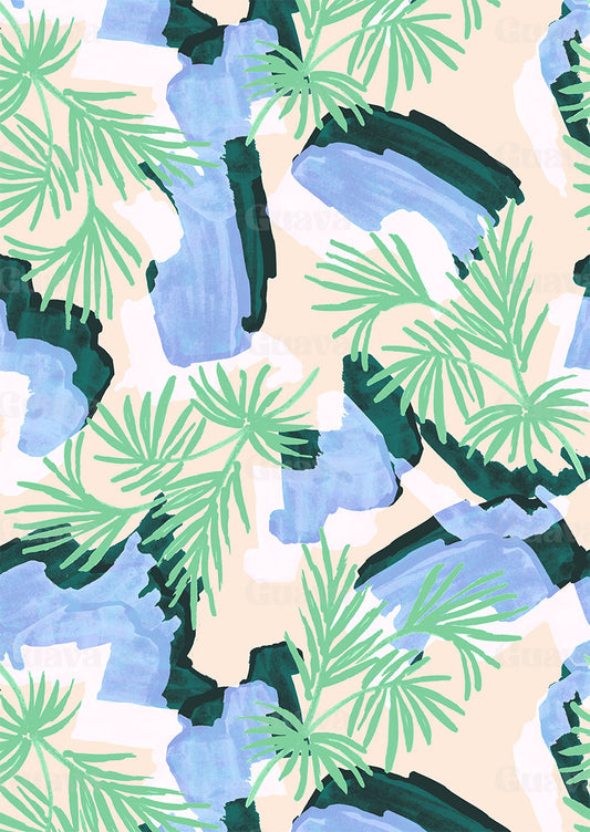 0863D- Off white, Green and Blue Palm leaves