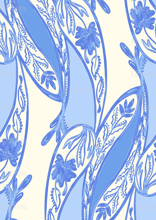 0871C- Blue and White Wavy Resort Paisley