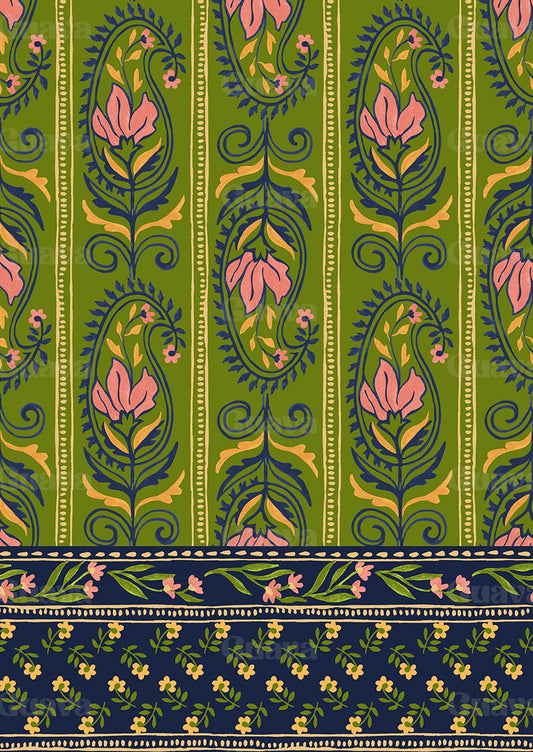 0872C- Green and Pink Floral Paisley with Border