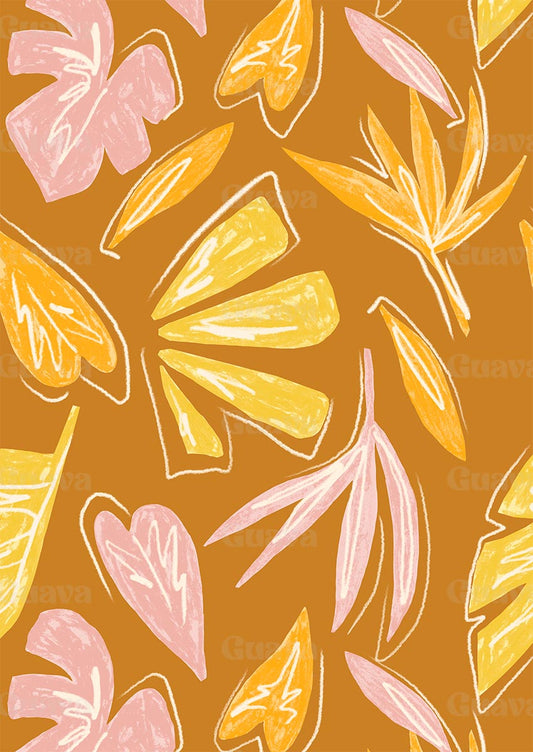 0876C- Gold, Yellow and Pink Tropical Leaves
