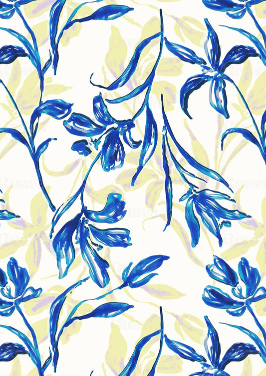 0877D- Large scale Blue, White and butter yellow Floral