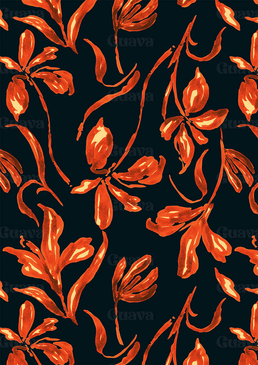 0877E- Deep Teal and Orange Hand Drawn Floral