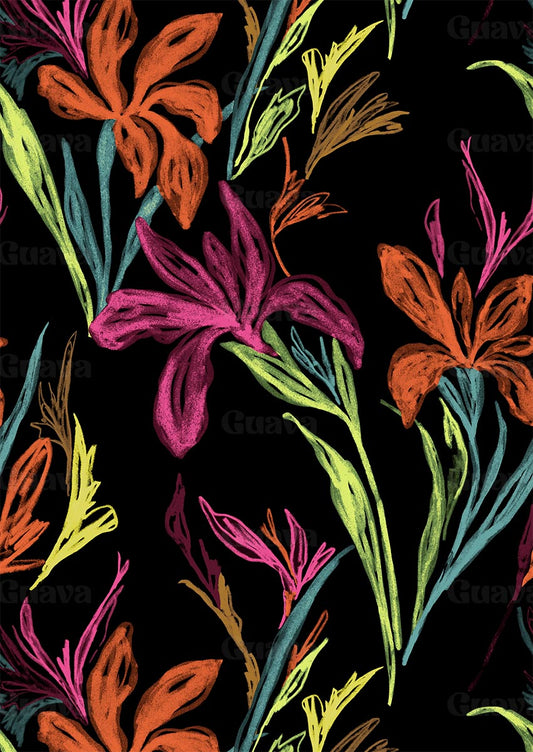 0882B- Black and Neon Iris Floral