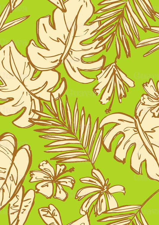 0885D- Lime Green Sketched tropical Leaves