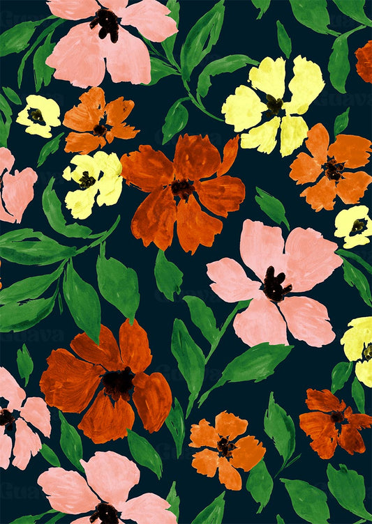 0887C- Multicolored popies on navy ground
