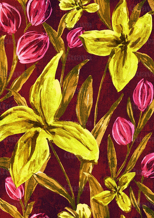 0887D- Hand Painted Burgundy and Yellow Floral