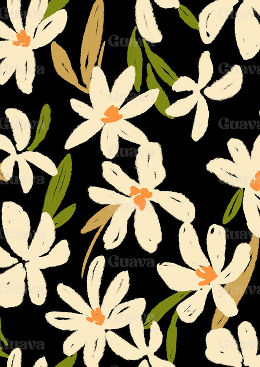 0890D- 90's Black Ground Sketched Daisies