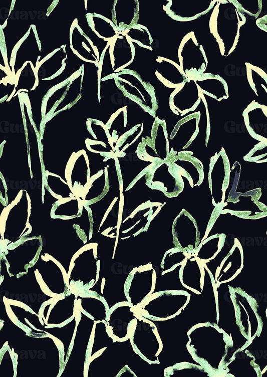 0891D - Black & Off White Watercolor Floral