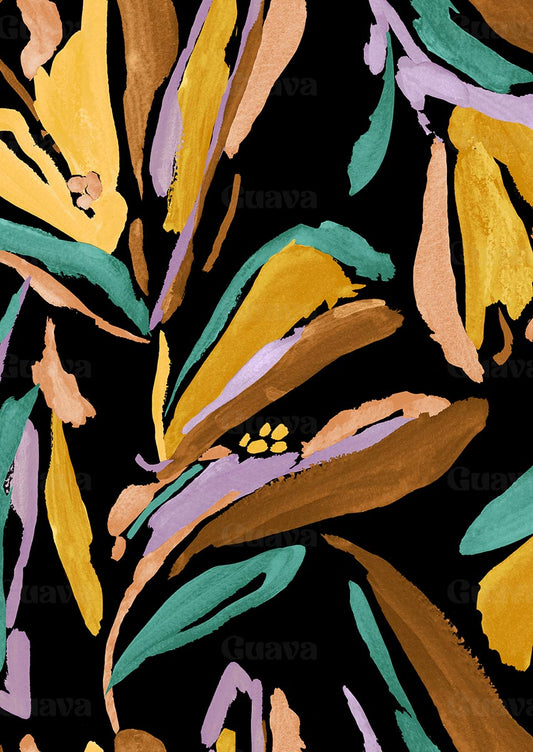 0902E- Hand Painted Black, Mustard and Brown Flowers