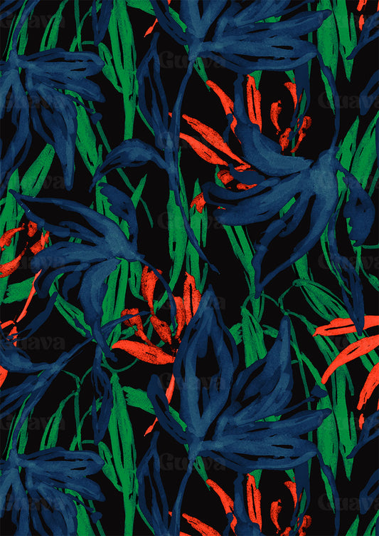 0906H- Black, Cobalt and Red Tropical Print