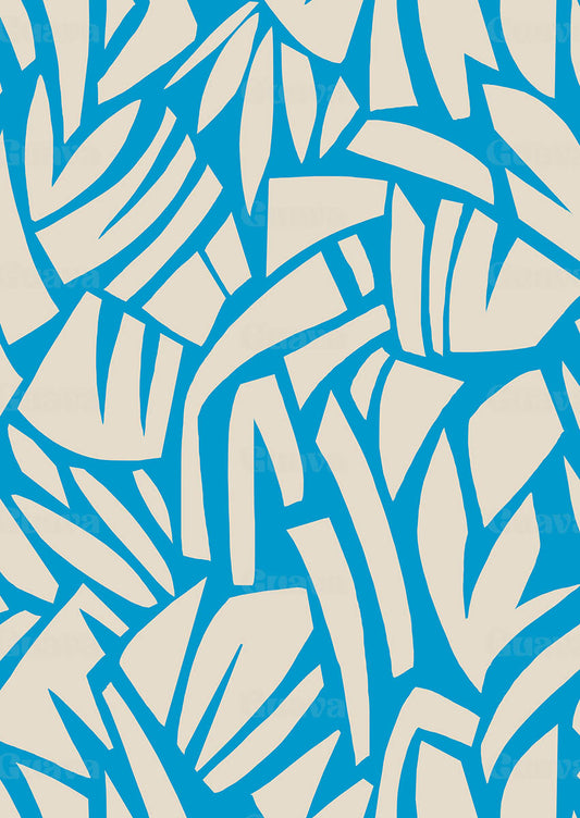 0910E- Blue and Off White Cutout Geo and Leaves