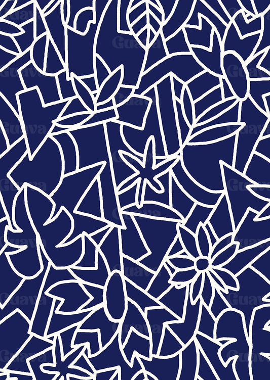 0910F- Navy and White Outlined Geo Floral