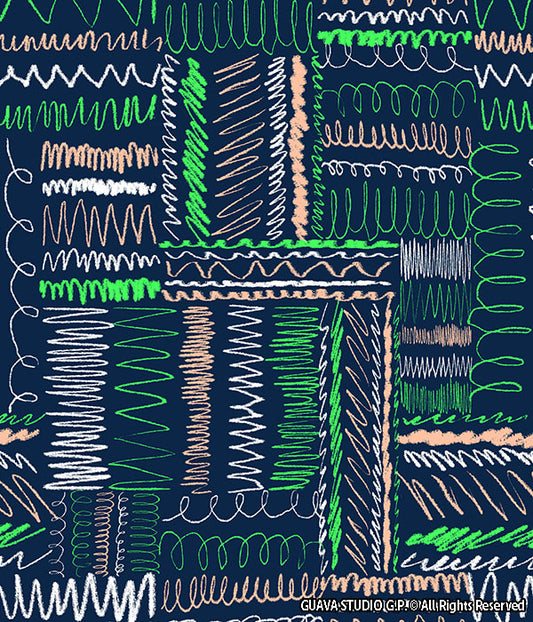 0676E- Navy and Neon Green Doodle Patchwork